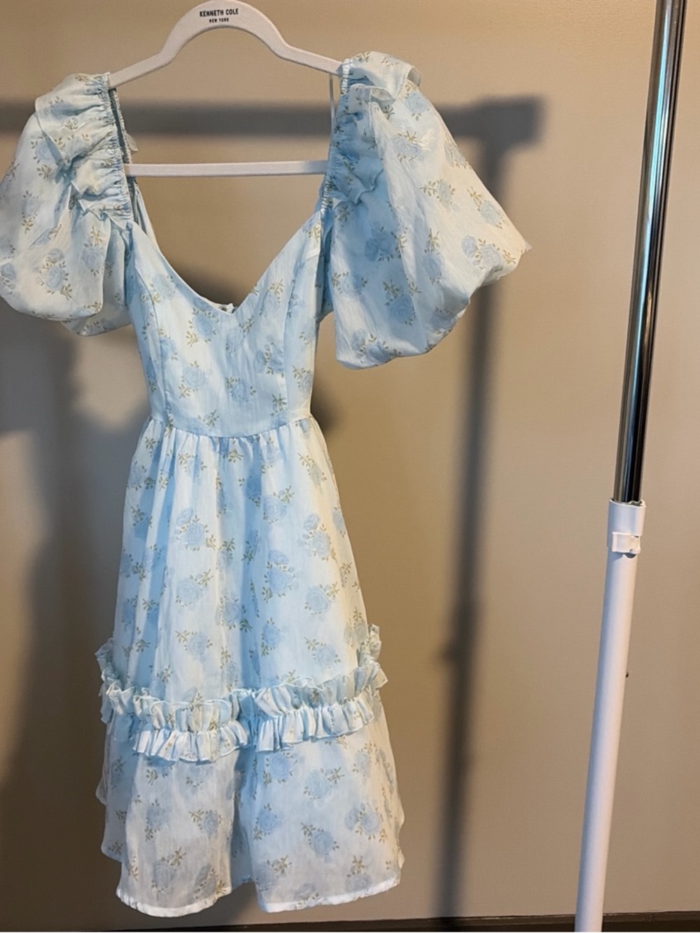 MARBLE Light Blue Floral Midi Dress with Puff Sleeves